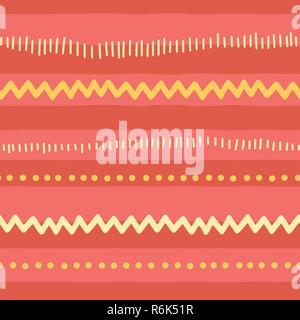 Doodle vecteur Seamless pattern abstract lignes horizontales, zigzag, pois, rayures. Jaune rose rouge fond tribal. La texture pour enfants, fille, enfants du décor, bandeaux web, digital papier, tissu, remplir la page Illustration de Vecteur