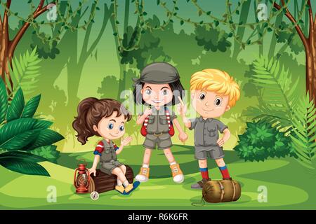 Trois jeunes du Scoutisme dans la jungle illustration Illustration de Vecteur