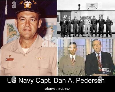 Un collage photo de U.S. Navy Capt Dan A. Pedersen - le commandant qui a ordonné le sauvetage de lieutenant-colonel Dalat Lan's family et d'autres Vietnamiens qui cherchent refuge. Le collage comprend une photo de Pedersen et certains membres de son équipage, en haut à droite, et une photo de Pedersen avec Dalat sur ABC's Good Morning America où ils ont retrouvé vers mai 1996. Banque D'Images