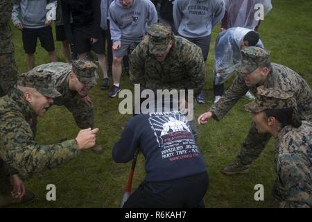 Marines Marines motiver un enlistee au cours d'un vertige-izzy défi au cours de l'assemblée annuelle de recrutement Portsmouth All-Hands Fonction Piscine à Fort Devens, Mass., le 14 mai 2017. La fonction est un événement de deux jours qui aide à préparer les recrues de la station pour la formation des recrues. Banque D'Images