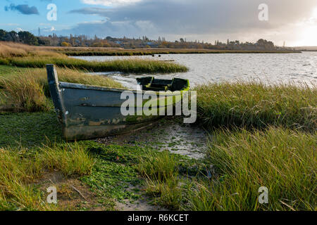 Photographie de paysage de l'estran de l'un habitat humide avec un vieux bateau en bois recouverte d'algues abandonnés en premier plan. Banque D'Images