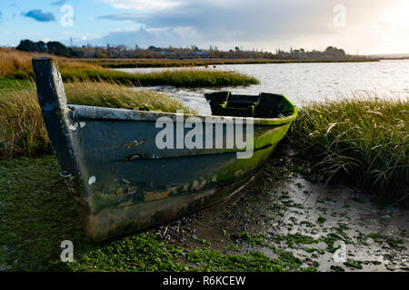 Photographie de paysage de l'estran de l'un habitat humide avec un vieux bateau en bois recouverte d'algues abandonnés en premier plan. Banque D'Images