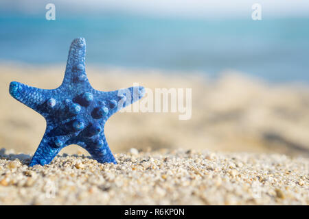 L'étoile bleue épinglée sur le sable à la plage. Bleu de la mer sur l'arrière-plan. Banque D'Images