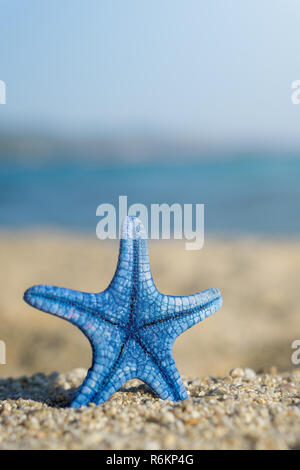 L'étoile bleue épinglée sur le sable à la plage. Bleu de la mer sur l'arrière-plan. Banque D'Images