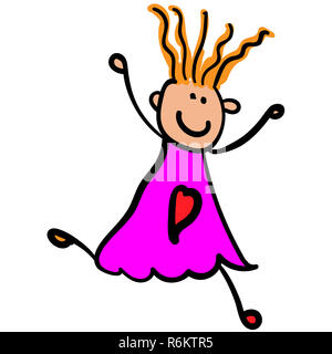 Jeune fille dans une robe rose avec un coeur. Style de dessin pour enfants. illustration. Isolé sur fond blanc. Banque D'Images