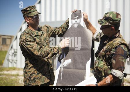 Le Sgt. Ethan J. Wright enseigne l'adresse au tir d'un rôle player au cours de l'exercice Général 2 Base du Corps des Marines à Camp Lejeune, en Caroline du Nord, le 3 mai 2017. Les Marines menées la répétition générale de l'exercice Cours Conseiller maritime afin d'évaluer leur préparation à la formation des forces de sécurité étrangères lors de leur prochain déploiement en Amérique centrale. Wright est un instructeur de tactiques avec le sol, l'élément de combat air-sol marin à des fins spéciales Task Force - Southern Command. Le conseiller maritime cours est donné par le Groupe de coopération en matière de sécurité du Corps des Marines. Banque D'Images