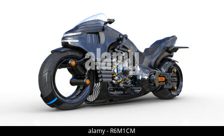 Vélo avec moteur chrome, noir moto futuriste isolé sur fond blanc, 3D Rendering Banque D'Images