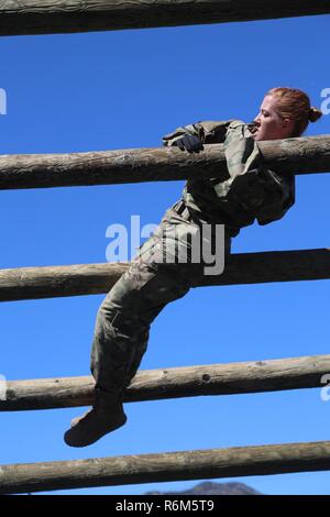 Le sergent de l'armée américaine. Allison Sardler, affecté à la 5ème commande de signal (théâtre), l'Administration centrale et de l'Administration centrale, détachement (HHD), 52e Bataillon de signal, participe à la course à obstacles au cours de l'événement technologique de l'entreprise réseau de commandement (NETCOM) Concours meilleur guerrier à Fort Huachuca, Az., 15 mai 2017. Sardler ont concouru pour le titre de NETCOM 2017 militaires de l'année. Banque D'Images