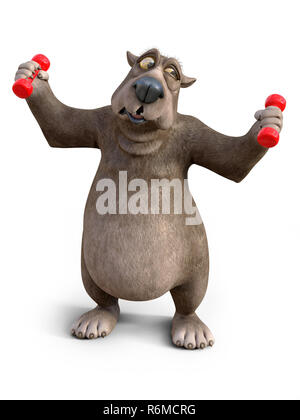 Le rendu 3D de cartoon bear l'entraînement avec haltères. Banque D'Images