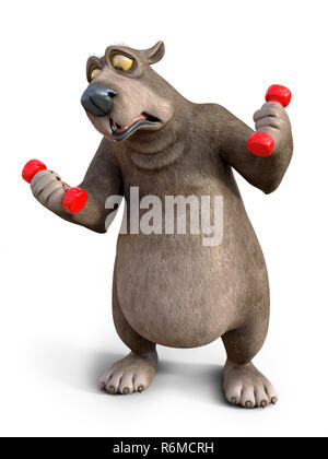 Le rendu 3D de cartoon bear l'entraînement avec haltères. Banque D'Images