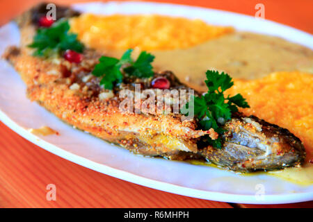 Frit avec banusz la truite et soupe aux champignons. Délicieux plat Banque D'Images