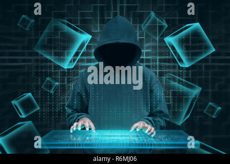 Hacker avec clavier virtuel d'essayer de pirater la sécurité blockchain Banque D'Images