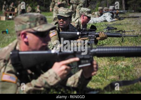 Un soldat affecté à la 98e Compagnie de maintenance Assistance, 17e Bataillon de soutien au maintien en puissance de combat de l'armée américaine en Alaska, attend que l'ordre de procéder à distance connue à l'adresse au tir sur gamme Pedneau Joint Base Elmendorf-Richardson, Alaska, le 31 mai 2017. Le SMC est une société qui fournit l'entretien modulaire d'aide à la maintenance sur le terrain en fonction de la superficie aux unités sous la forme d'activités connexes de soutien ; roues ; récupération de l'armement, les communications, l'électronique ; appareils électroniques spéciaux ; du matériel au sol ; équipements de production d'électricité ; équipements de services publics ; et de test, de mesure et de diagnostic Banque D'Images