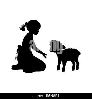 Silhouette fille assise genoux vous attireront lamb Banque D'Images