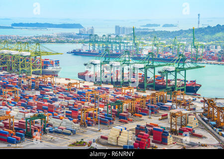 Vue aérienne de cargos dans le port de port industriel de Singapour par pier avec grues de fret et de marchandises des conteneurs, à Seascape background Banque D'Images