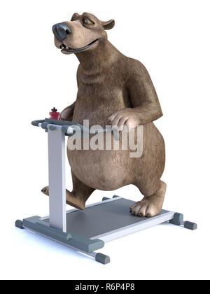 Le rendu 3D de cartoon bear l'exercice sur tapis roulant. Banque D'Images