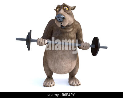 Le rendu 3D de cartoon bear l'entraînement avec haltères longs. Banque D'Images