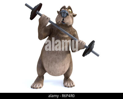 Le rendu 3D de cartoon bear l'entraînement avec haltères longs. Banque D'Images