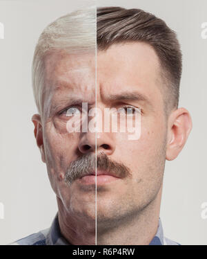 Collage de deux portraits de la même vieil homme et jeune homme. Le vieillissement du visage, de la peau et de concept. Conparison Banque D'Images