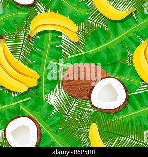 Noix de coco, bananes et de feuilles de palmier seamless pattern. Mûres et juteuses. modèle d'étiquette. Banque D'Images