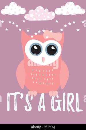 C'est une fille chouette carte en rose pastel avec black,blanc et bleu modèle d'illustration vectorielle, palette de couleurs sur un fond violet pastel Illustration de Vecteur