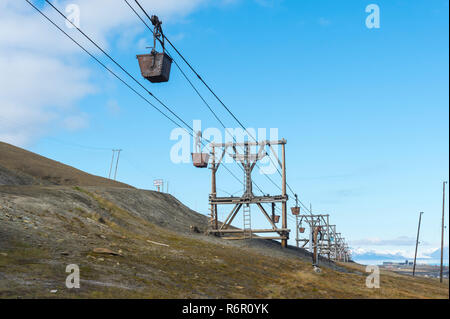 Ancienne mine de charbon, charbon usine rouillée chariots à Longyearbyen, l'île du Spitzberg, archipel du Svalbard, Norvège Banque D'Images