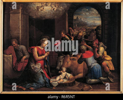 Adoration des bergers. Date/période : 1536 - 1537. La peinture. Le bois. Hauteur : 415 mm (16.33 in) ; Largeur : 550 mm (21.65 in). Auteur : TISI, BENVENUTO. Garofalo, Benvenuto Tisi da. Banque D'Images