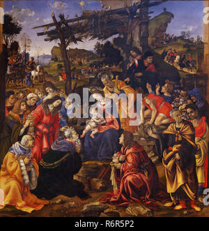 Adorazione dei Magi / Adoration des Mages. Date/période : 1496. La peinture. Tempera sur panneau. Hauteur : 258 cm (101,5) ; Largeur : 243 cm (95,6 in). Auteur : Filippino Lippi. LIPPI, FILIPPINO. Banque D'Images