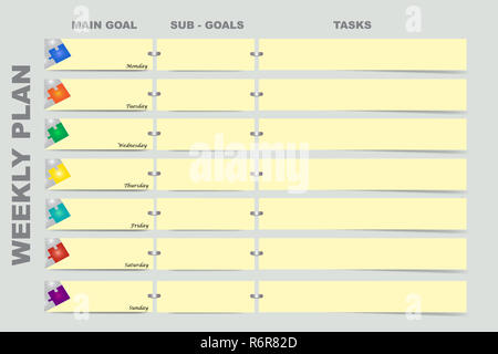 Planning hebdomadaire pour principaux objectifs, sous objectifs et tâches Banque D'Images