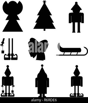 Définir les objets de vacances de Noël. Vector illustration d'Elf, santa, Angel, bow, christmes arbre, traîneau sur fond blanc. Style de forme simple. Télévision des Illustration de Vecteur