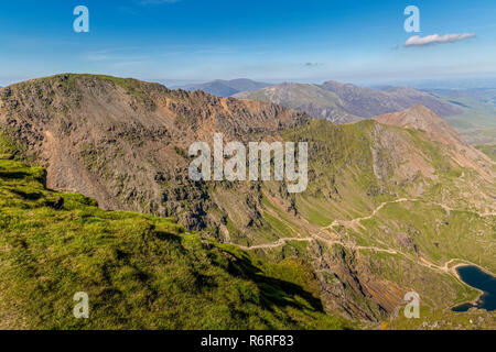 Vue depuis le haut de Snowdon dans le parc national de Snowdonia au Pays de Galles,montrant lit-bébé, lit d'Ddysgl Y Goch, Pyg, Piste Piste mineurs et une partie de Glaslyn. Banque D'Images