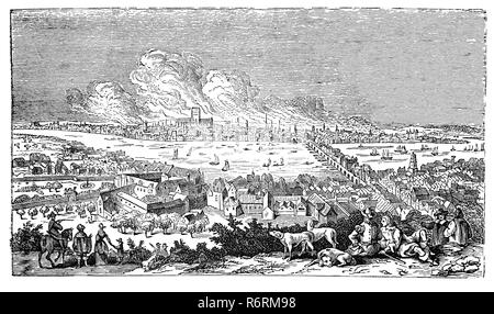 Le grand incendie de Londres vue sur la Tamise, de Bankside à Southwark. L'embrasement a balayé les parties centrales de la ville anglaise de Londres du dimanche 2 septembre au jeudi 6 septembre 1666, l'éviscération de la cité médiévale de Londres à l'intérieur de l'ancien mur de la ville romaine. Elle a consommé 13 200 maisons, 87 églises paroissiales, la Cathédrale St Paul, et la plupart des bâtiments de la ville. Il est estimé d'avoir détruit les maisons de la ville de 70 000 80 000 habitants. Banque D'Images