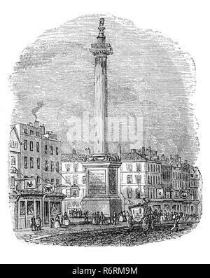 Vue sur le monument érigé en mémoire de la terrible incendie dans l'année 1666 dans les poissons Street Hill, une animation de rue de Londres sur le côté nord de London Bridge. Il a été commandé à l'architecte Sir Christopher Wren, et construit à la suite du grand incendie de Londres. L'énorme pilier, une colonne dorique cannelées, est surmonté d'une urne. Il se trouve 202 pieds de haut et est située à environ 202 pieds de l'emplacement de la boulangerie à Pudding Lane, où l'incendie a commencé. Le monument a été inauguré en 1677 comme un rappel de la terrible incendie et un symbole de la renaissance de la ville. Banque D'Images