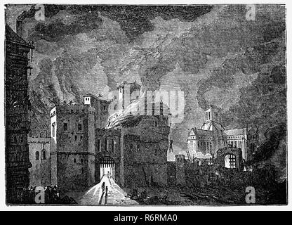 Les émeutes de 1780 Gordon avait plusieurs jours d'émeutes fondée sur le sentiment anti-catholique. Ils ont commencé avec un énorme et ordonné en protestation contre la loi sur les papistes de Londres de 1778, qui avait pour but de réduire la discrimination contre les catholiques britanniques. La protestation a évolué en émeutes et pillages généralisés et ont abouti à l'incendie de la prison de Newgate à l'angle de Newgate Street et Old Bailey juste à l'intérieur de la ville de Londres, en Angleterre. Peint sur le mur de la prison de Newgate fut la proclamation que les détenus avaient été libérés par l'autorité de "Sa Majesté le Roi Mob', un terme "King Mob' à l'arrière Banque D'Images