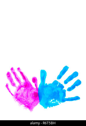 L'enfant rose et bleu handprints isolé sur blanc. Banque D'Images