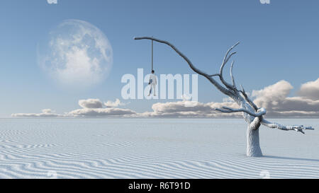 Surreal désert blanc. L'homme en costume blanc est pendu sur un arbre sec. Banque D'Images
