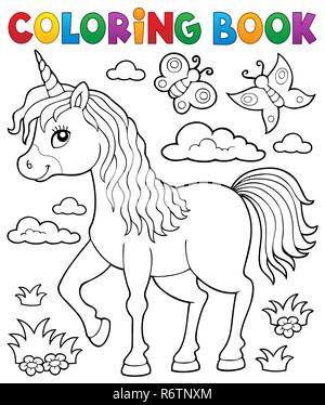 Livre de coloriage licorne heureux sujet 1 Banque D'Images