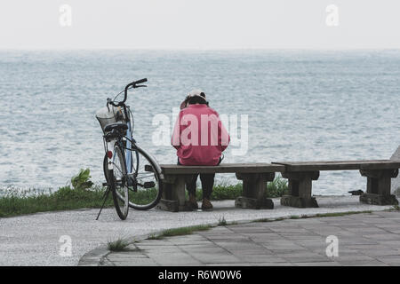 Femelle adulte avec képi siège au banc en bois et lit un livre au parc au bord de mer, à côté de son vélo, Hualien, Taïwan. Tons Vintage Banque D'Images