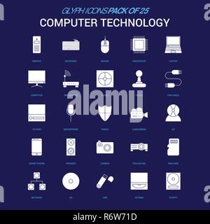 La technologie informatique icône blanche sur fond bleu. 25 Icon Pack Illustration de Vecteur