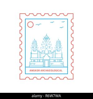 Timbre archéologique d'ANGKOR et bleu Style de ligne rouge, vector illustration Illustration de Vecteur