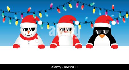 Snowman santa et cool penguin cartoon avec des lunettes de soleil et des guirlandes lumineuses de Noël illustration vecteur EPS10 Illustration de Vecteur