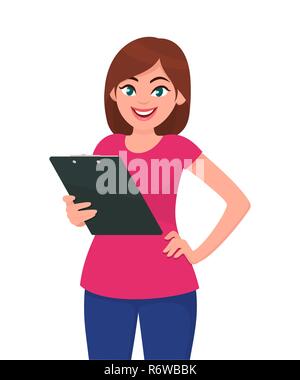 Young woman holding clipboard. L'émotion humaine et le langage du corps concept illustration dans le vector cartoon style plat. Illustration de Vecteur