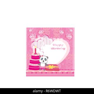 Happy birthday card - panda mignon avec des ballons, de gâteaux et de cadeaux Illustration de Vecteur