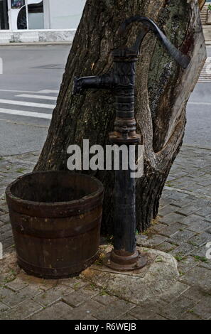 Vue de l'ancienne fontaine située près de la vieille par arbre avec creux de baril en été, ville Delchevo, Macédoine, Europe Banque D'Images