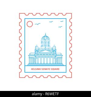 Sénat HELSINKI timbre carré bleu et rouge, Style ligne vector illustration Illustration de Vecteur