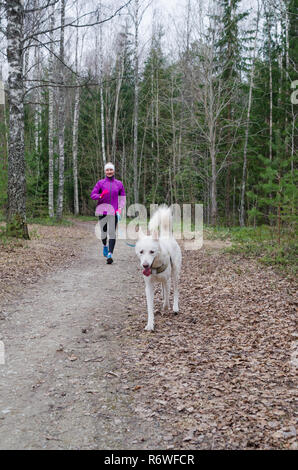 Femme avec un chien sur une course dans le parc Banque D'Images