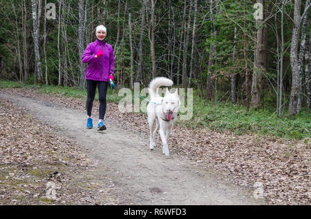 Femme avec un chien sur une course dans le parc Banque D'Images