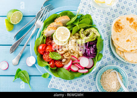 Bol avec de la viande de poulet grillé, salade de légumes frais et boulgour de radis, les tomates, l'avocat, le chou frisé et les épinards. Sain et Délicieux de l'été Banque D'Images