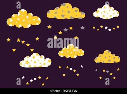 Les nuages et l'étoile, vector illustration dans l'or, blanc et gris, sur une palette de couleurs fond violet foncé Illustration de Vecteur