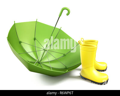 Paire de bottes de pluie jaune et un parapluie vert 3D Banque D'Images